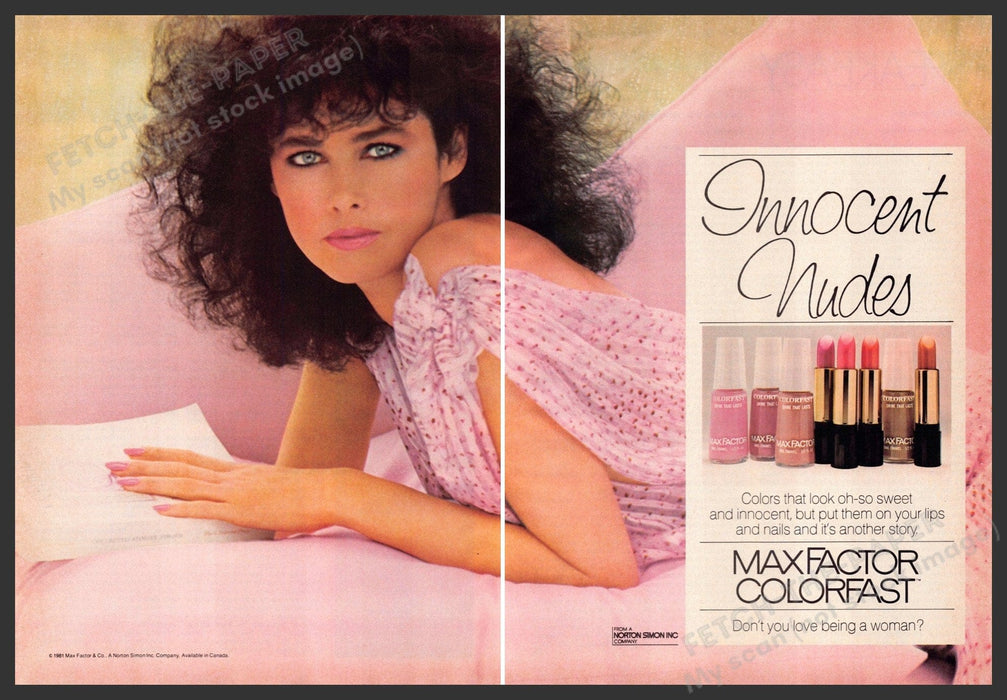 Max Factor Colorfast 1980s Print Advertisement (2 pages) 1982 Innocent Big Hair Max Factor