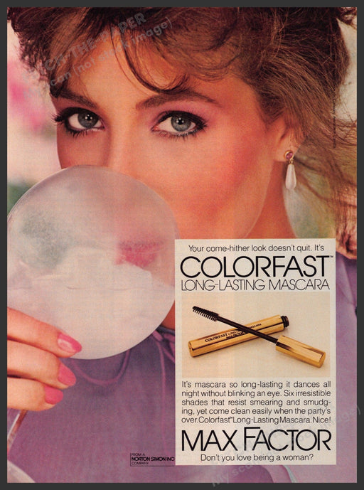Max Factor Colorfast Mascara 1980s Print Advertisement 1981 Blowing Bubble Fetch-the-Paper