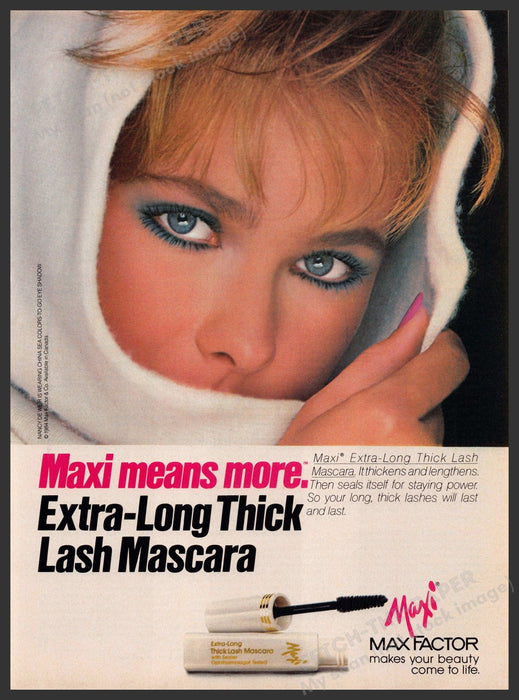 Max Factor Cosmetics 1980s Print Advertisement 1984 Maxi Thick Lash Mascara Fetch-the-Paper