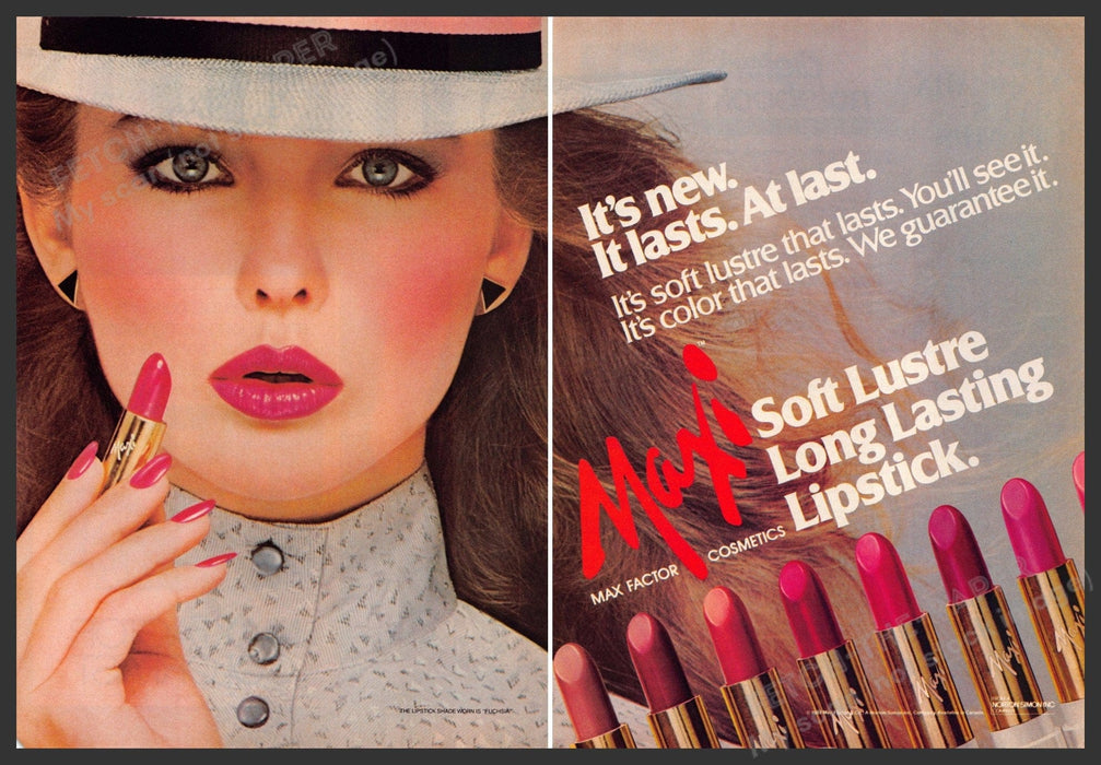 Max Factor Lustre Lipstick 1980s Print Advertisement (2 page) 1982 Red Lips Fetch-the-Paper