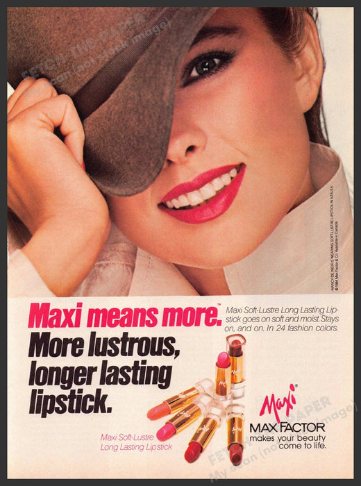 Max Factor Maxi 1980s Magazine Print Advertisement 1984 Hat Soft Lustre Lips Max Factor Maxi