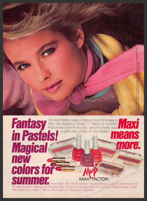 Max Factor Maxi 1980s Print Advertisement 1983 Cosmetics Fantasy in Pastels Fetch-the-Paper