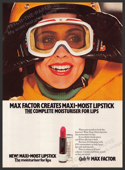 Max Factor Maxi-Moist Lipstick 1970s Print Advertisement Ad 1977 Goggles Fetch-the-Paper