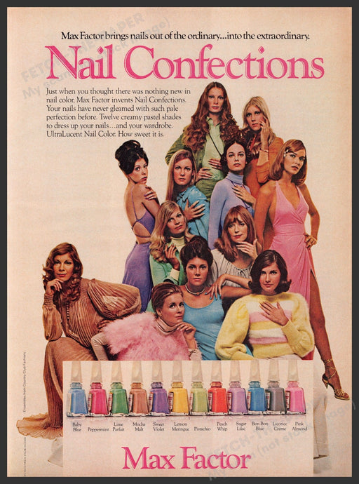 Max Factor Nail Confections 1970s Print Advertisement Ad 1973 Women Colorful Fetch the Paper!