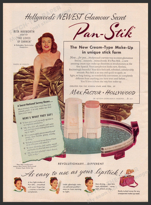 Max Factor Pan-Stick 1940s Print Advertisement Ad 1948 Rita Hayworth Fetch-the-Paper