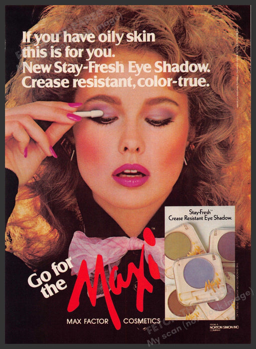 Max Factor Stay-Fresh 1980s Print Advertisement 1982 Eye Shadow Big Hair Fetch-the-Paper