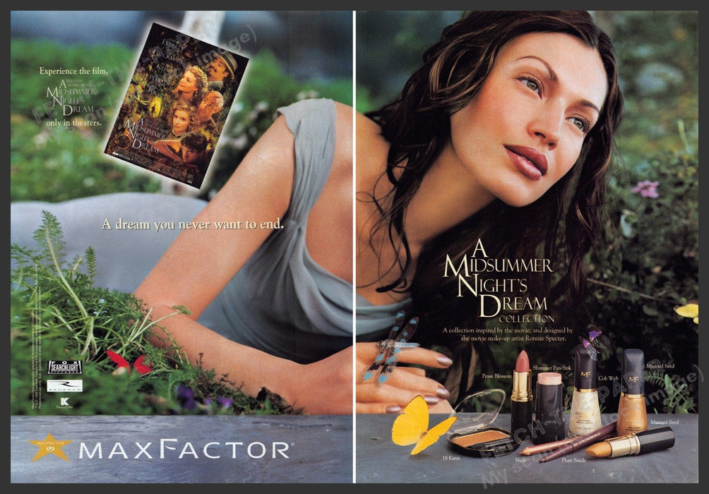 Max Factor Tatiana Nikiforova 1990s Print Ad (2pg) 1999 Midsummer Night's Dream Fetch-the-Paper