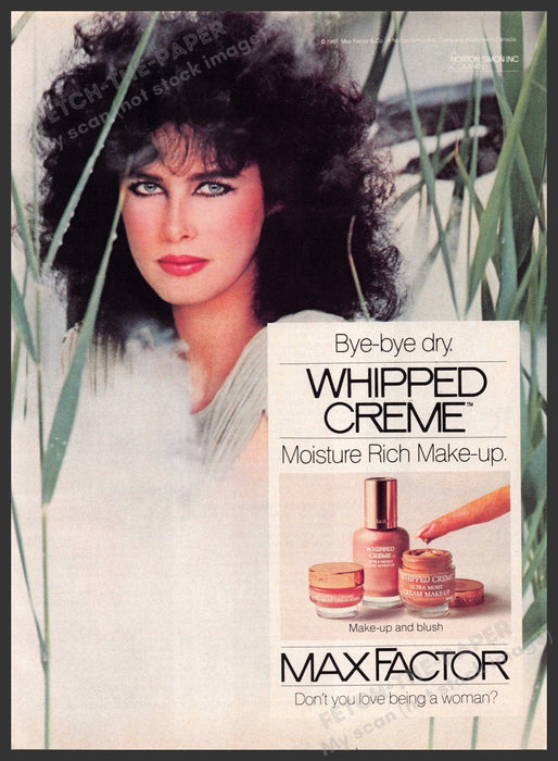 Max Factor Whipped Creme 1980s Print Advertisement 1982 Cosmetics Big Hair Fetch-the-Paper