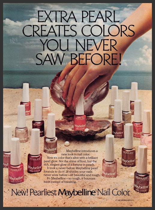 Maybelline 1980s Magazine Print Advertisement 1981 Extra Pearl Nail Shell Beach Fetch-the-Paper