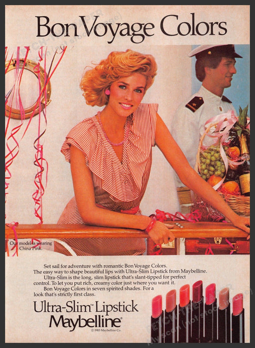 Maybelline 1980s Print Advertisement 1983 Bon Voyage Ultra-Slim Lipstick Fetch-the-Paper