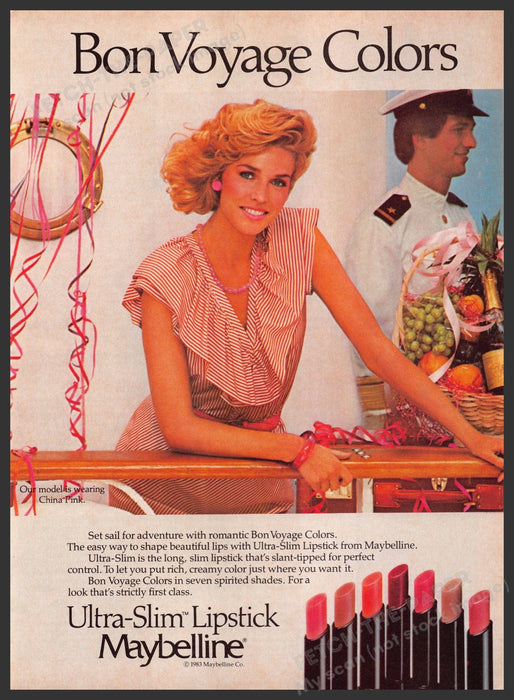 Maybelline 1980s Print Advertisement 1983 Bon Voyage Ultra-Slim Lipstick Fetch-the-Paper