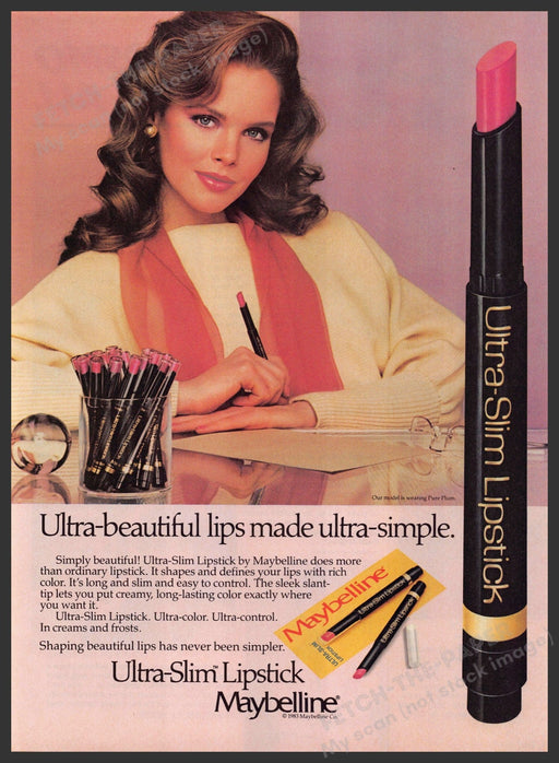 Maybelline Cosmetics 1980s Print Advertisement 1984 Ultra-Slim Lipstick Fetch-the-Paper