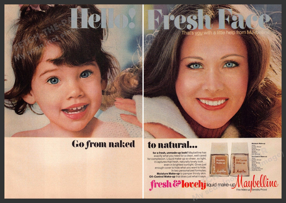 Maybelline Fresh & Lovely 1970s Print Advertisement (2 page) 1976 Girl to Woman Fetch-the-Paper