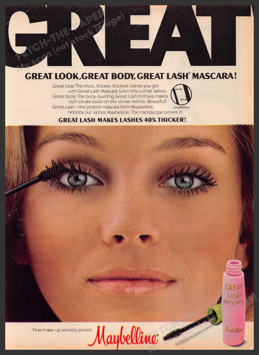 Maybelline Great Lash Mascara 1970s Print Advertisement 1977 Beautiful Face Maybelline