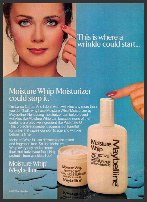 Maybelline Lynda Carter 1980s Print Advertisement 1982 Moisture Whip Skin Fetch-the-Paper