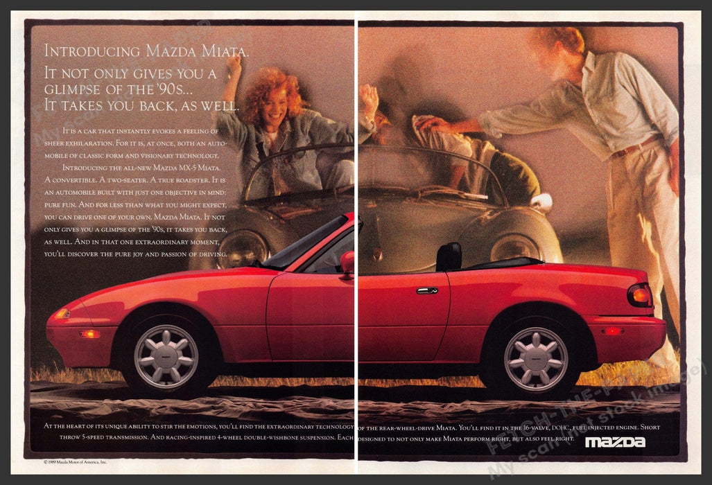 Mazda Miata 1980s Print Advertisement (2 page) 1989 "Glimpse of the 90s" Mazda
