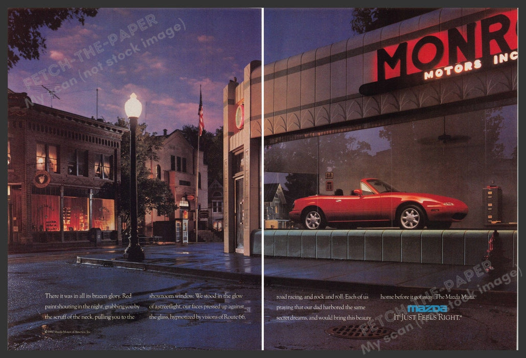 Mazda Miata Car 1990s Print Advertisement (2 Pg) 1990 Red Showroom Fetch-the-Paper