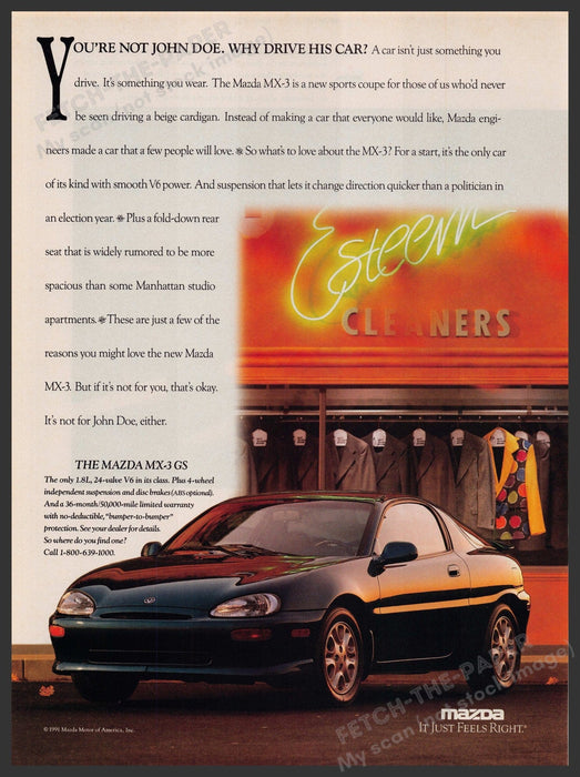Mazda MX-3 GS Car 1990s Print Advertisement Ad 1992 "Esteem cleaners" Fetch-the-Paper