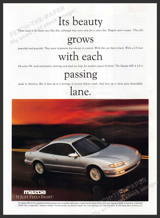 Mazda MX-6 LS 1990s Print Advertisement 1994 Sunset Driving Road Fetch-the-Paper