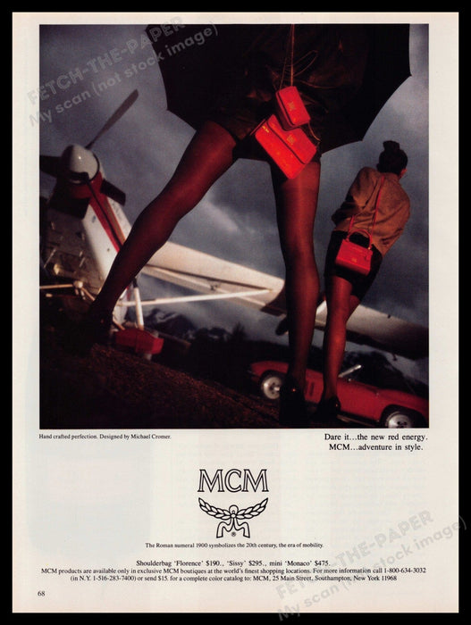MCM Handbags 1980s Print Advertisement Ad 1989 Prop Plane Legs Hosiery Fetch-the-Paper