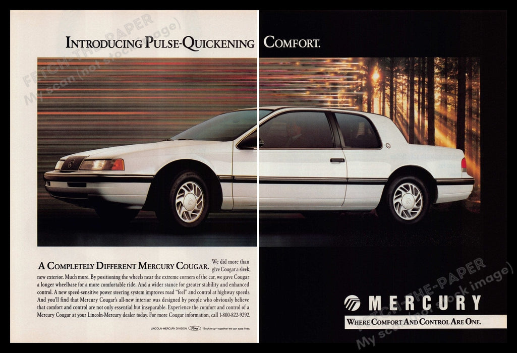 Mercury Cougar 1980s Print Advertisement (2 Page) 1989 Pulse-quickening Comfort Fetch-the-Paper