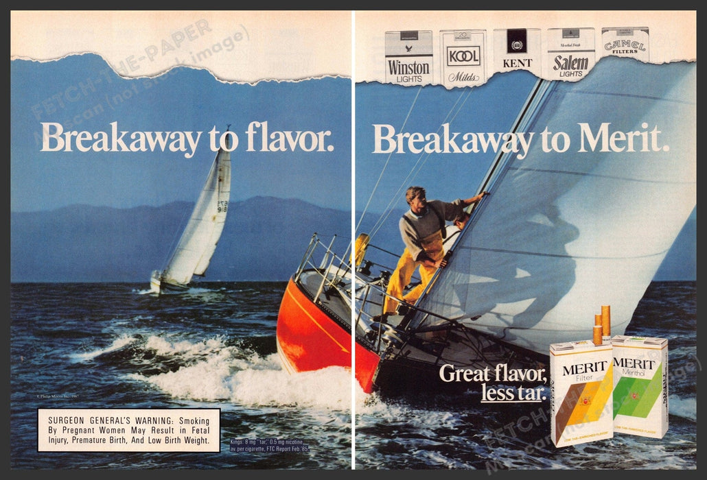 Merit 1980s Magazine Print Ad (2 pages) 1987 Sailboat "Breakaway to Merit" Merit