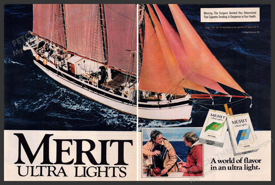 Merit Ultra Lights 1980s Magazine Print Advertisement (2 pages) 1985 Sailboat Merit Ultra Lights