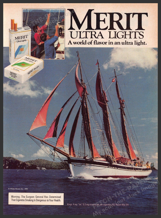Merit Ultra Lights 1980s Print Advertisement 1984 Sailboat Sails Water Fetch-the-Paper