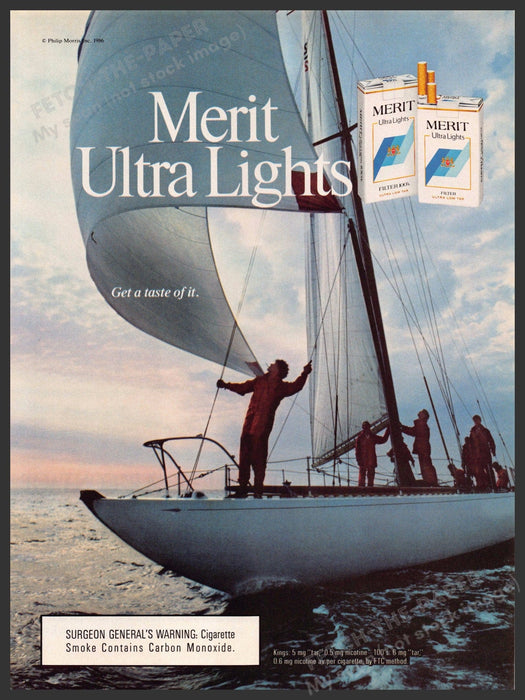 Merit Ultra Lights 1980s Print Advertisement Ad 1986 Sailboat Crew Merit Ultra Lights