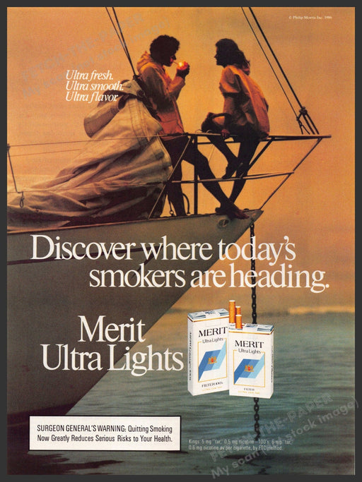Merit Ultra Lights 1980s Print Advertisement Ad 1987 Couple Front of Sailboat Merit Ultra Lights