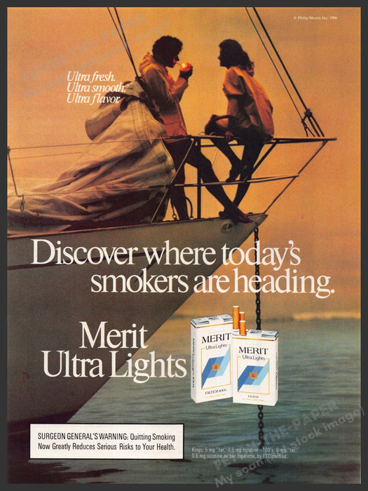 Merit Ultra Lights 1980s Print Advertisement Ad 1987 Couple Front of Sailboat Merit Ultra Lights