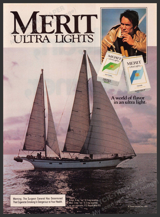 Merit Ultra Lights Cigarettes 1980s Print Advertisement 1984 Sailboat Fetch-the-Paper