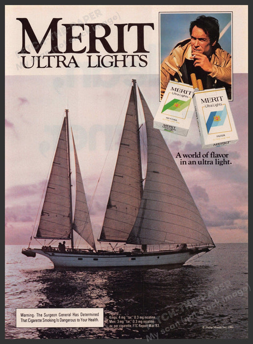 Merit Ultra Lights Cigarettes 1980s Print Advertisement 1984 Sailboat Fetch-the-Paper
