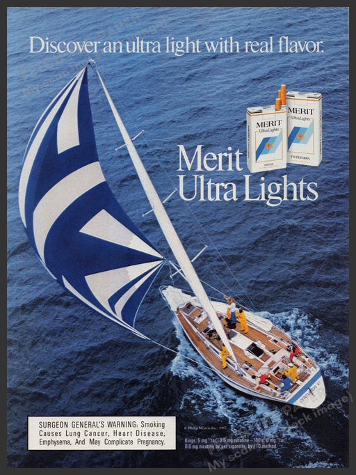 Merit Ultra Lights Cigarettes 1980s Print Advertisement Ad 1987 Sailboat Fetch-the-Paper