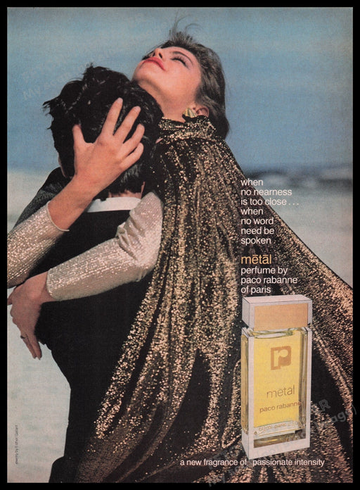 Metal Paco Rabanne Fragrance 1980s Print Advertisement Ad 1980 Embracing Couple Fetch the Paper!