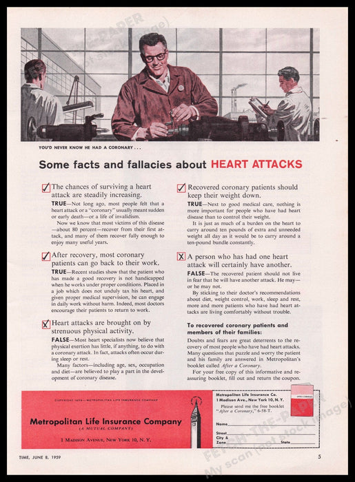 Metropolitan Life Insurance Co. Heart Attack 1950s Print Advertisement Ad 1959 Fetch the Paper!