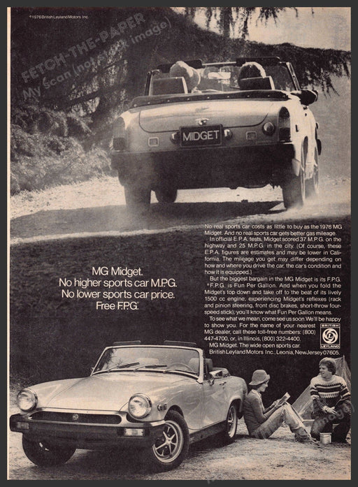 MG Midget 1970s Print Advertisement 1976 Car Couple Camping Front Back Fetch-the-Paper