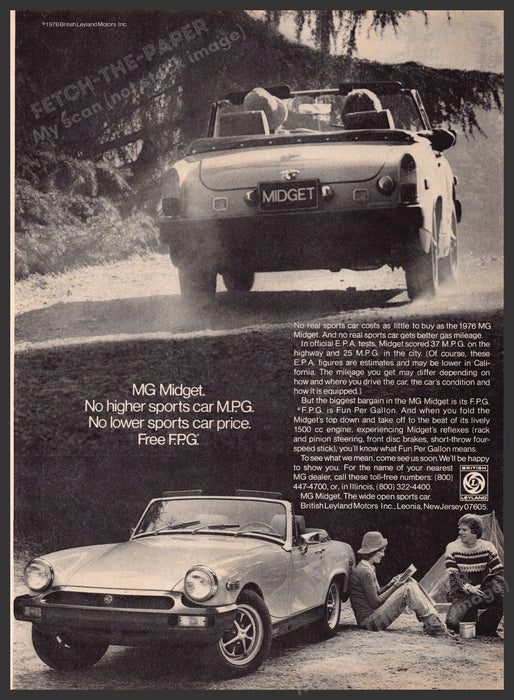 MG Midget 1970s Print Advertisement 1976 Car Couple Camping Front Back Fetch-the-Paper