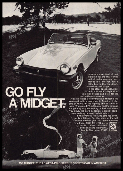 MG Midget 1970s Print Advertisement 1977 "Go fly a Midget" Car Park Couple MG Midget