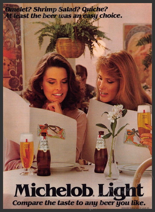 Michelob Light 1980s Print Advertisement 1982 Two Women Ordering Menu Restaurant Fetch-the-Paper