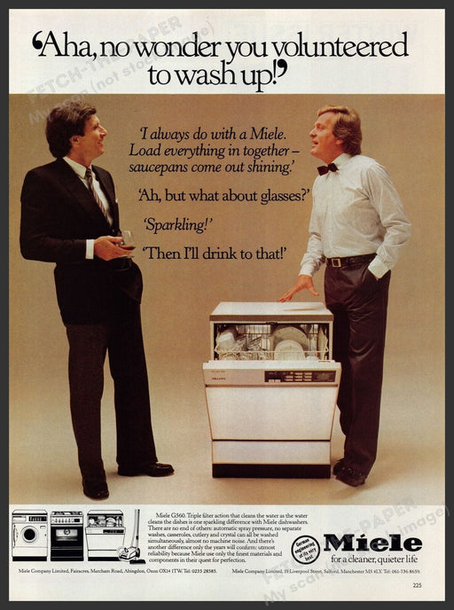 Miele G560 Dishwasher 1980s Print Advertisement Ad 1982 UK Appliance Co. Fetch the Paper!