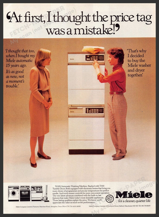 Miele W459 Washing Machine T355 Dryer 1980s Print Advertisement Ad 1982 Fetch the Paper!