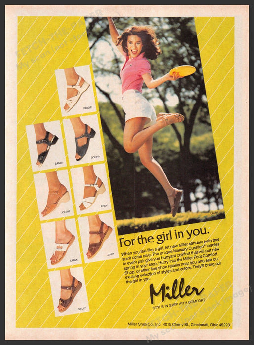 Miller Shoes 1980s Print Advertisement 1983 Legs Girl Jumping Frisbee Fetch-the-Paper