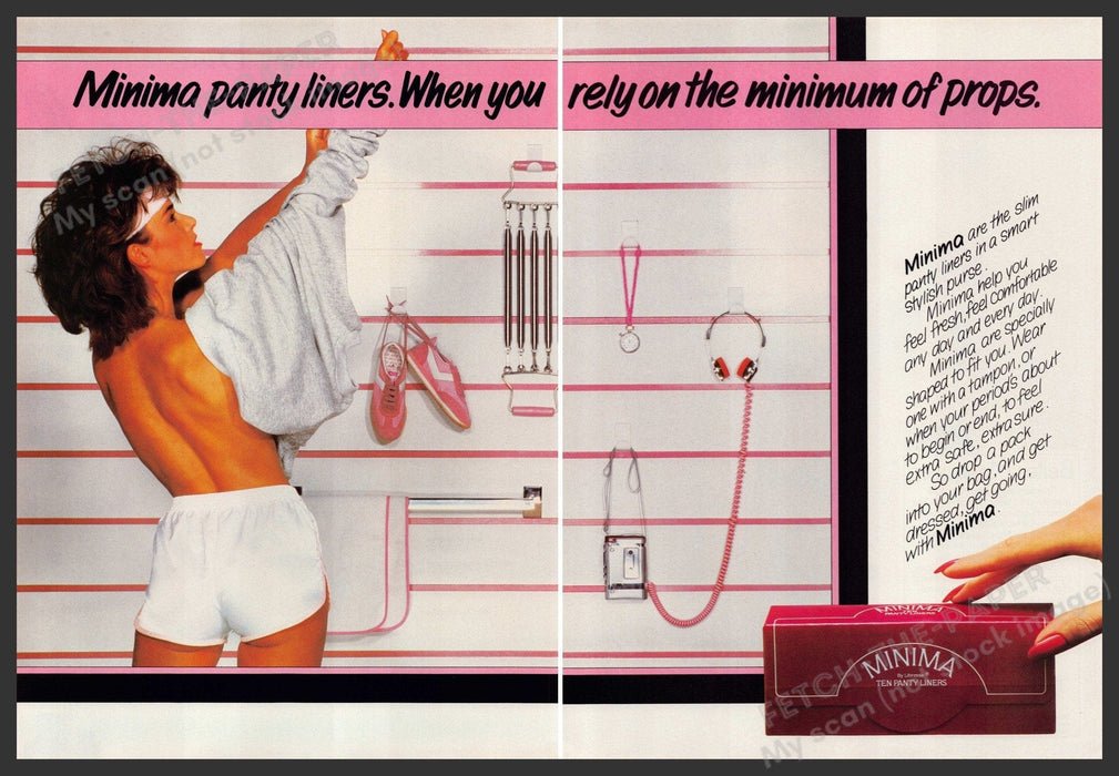 Minima Panty Liners 1980s Print Advertisement Ad (2 pages) 1982 Gym Bare Back Fetch the Paper!