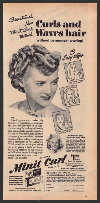 Minit Curl For Curling & Waving Hair 1940s Print Advertisement Ad 1949 Fetch-the-Paper