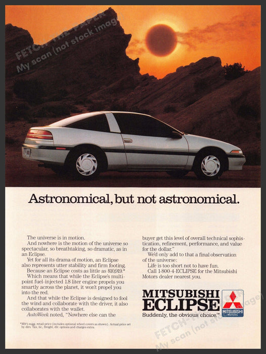 Mitsubishi Eclipse 1980s Magazine Print Advertisement 1989 "Astronomical" Mitsubishi Eclipse