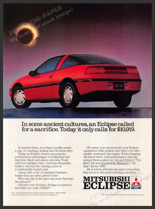 Mitsubishi Eclipse 1990s Magazine Print Advertisement 1990 Ancient Cultures Mitsubishi Eclipse