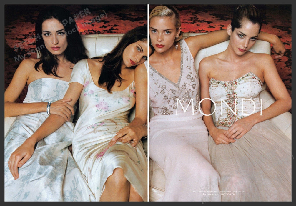 Mondi Evening Dresses 1990s Print Ad (2 page) 1999 Fashion Photo Shoot Girls Fetch-the-Paper