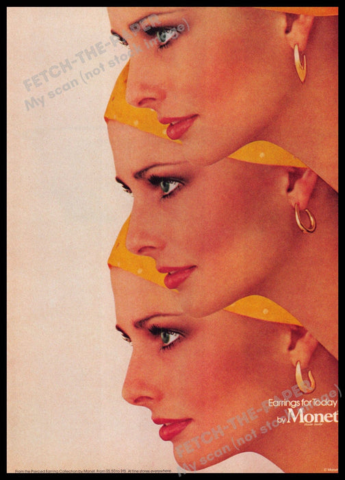 Monet 1970s Print Advertisement 1977 "Earrings for Today" 3 Faces Monet