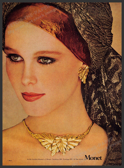 Monet Jewelry 1980s Print Advertisement 1981 Gold Woman Turbin Leaf Necklace Monet